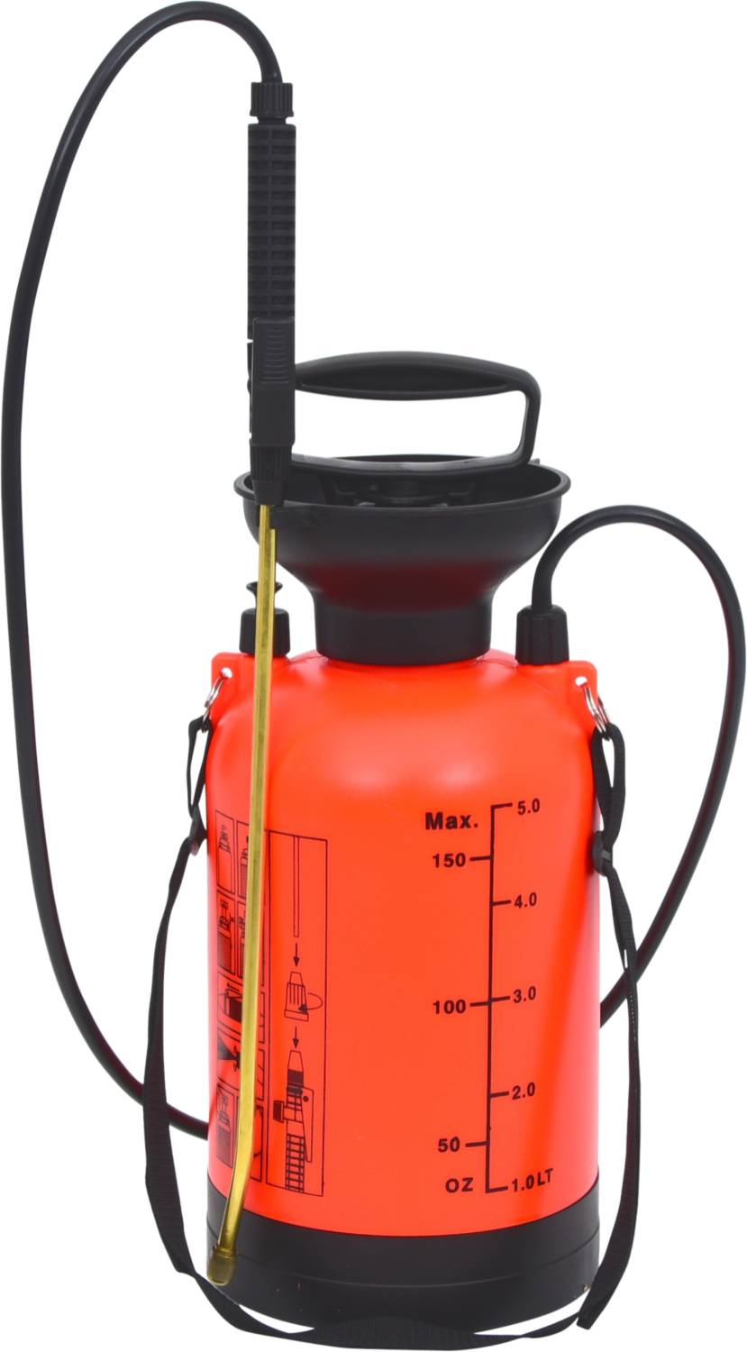 Orange garden spray bottle with black handle and hose, printed scale in millilitres and ounces, for plant protection agents.