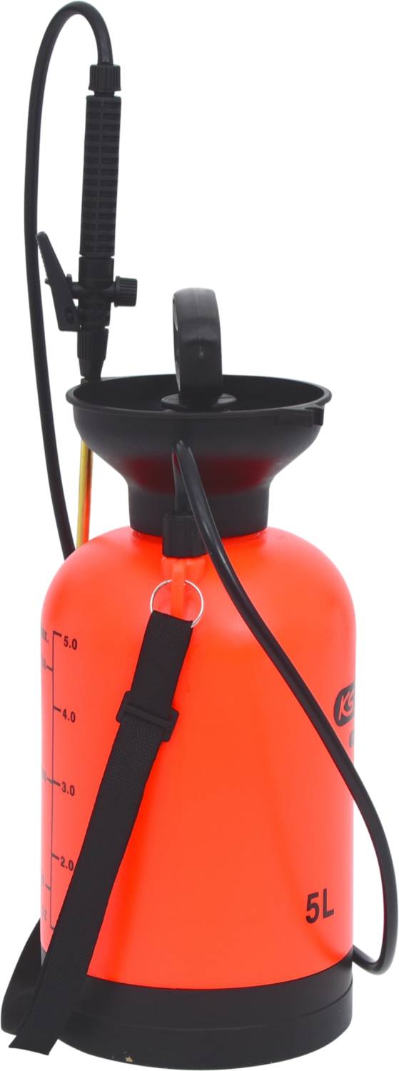 A red 5-litre pressure sprayer with graduated markings, black handle, and hose, used for spraying liquids.
