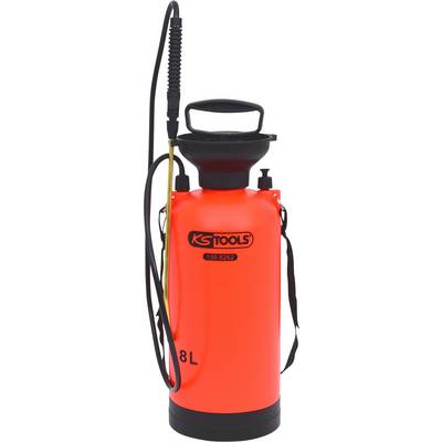 An orange pressure sprayer with a black handle and black nozzle, labelled with 'KS TOOLS' and '8L' indicating an 8-litre capacity.