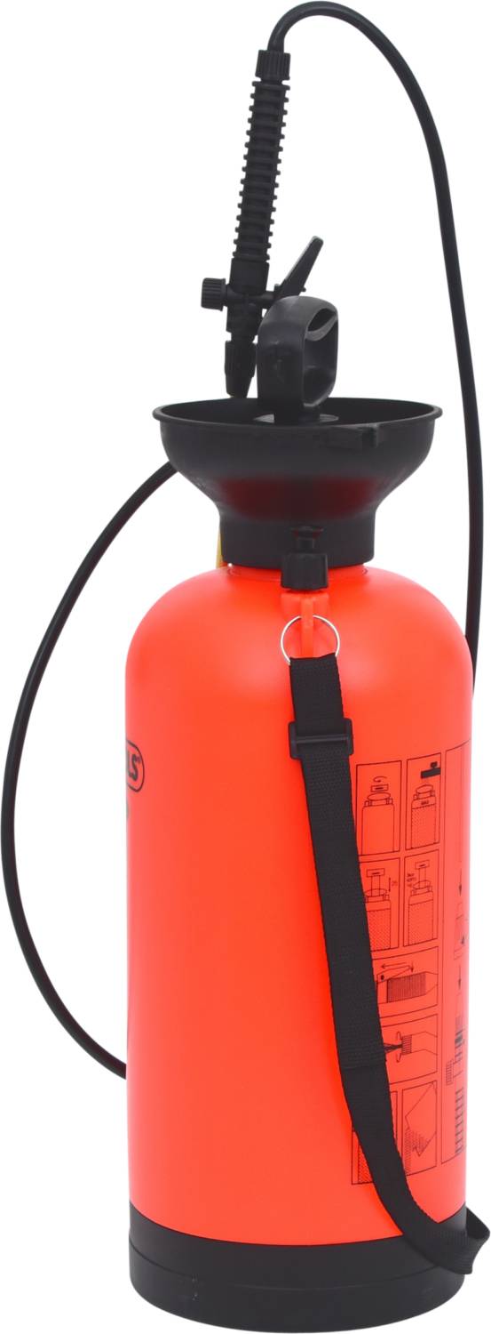 Orange pressure sprayer with black hose and carrying strap, used for distributing liquids.