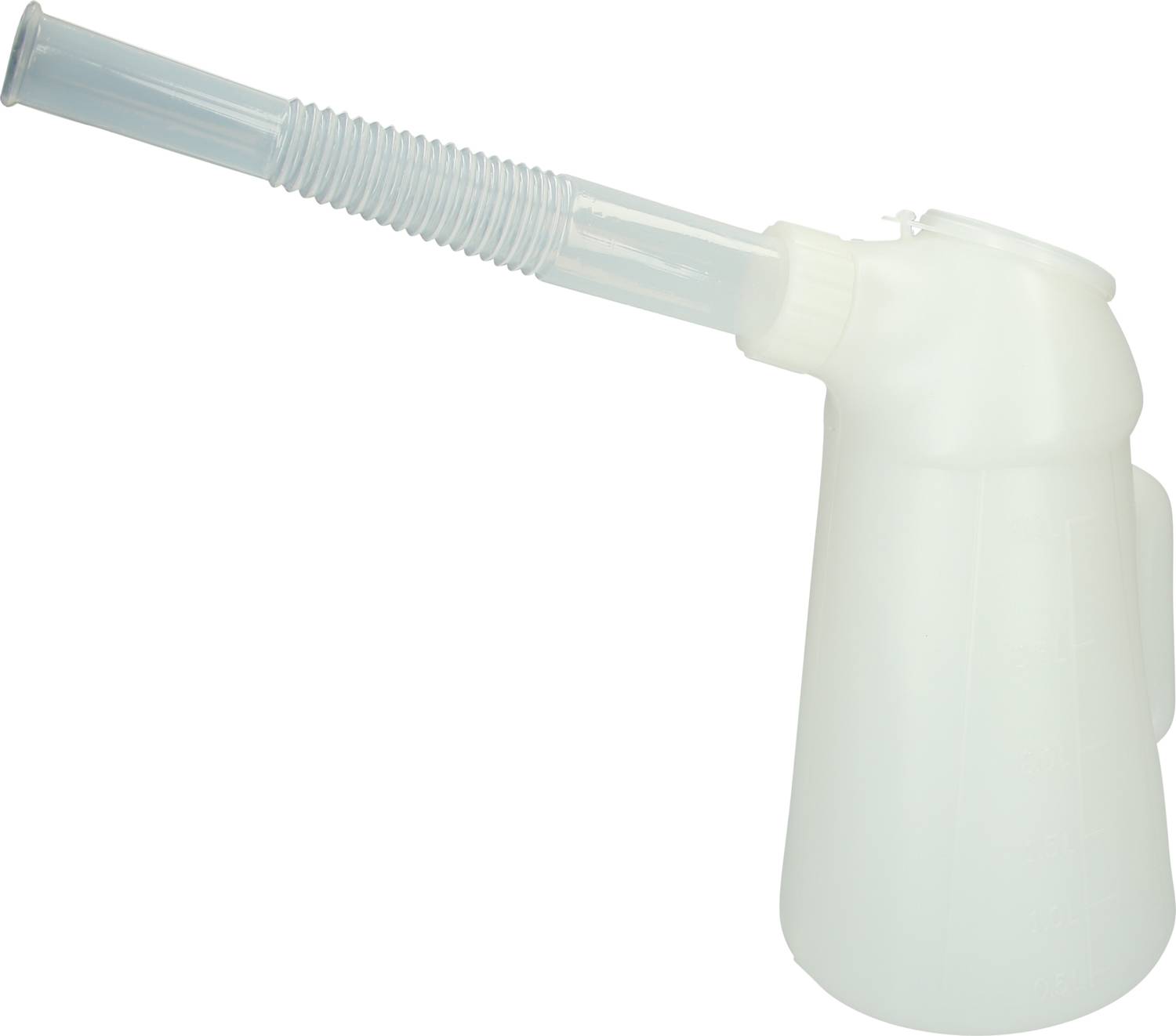 Plastic oil jug with a long, flexible spout. Suitable for precisely pouring liquids into hard-to-reach areas.