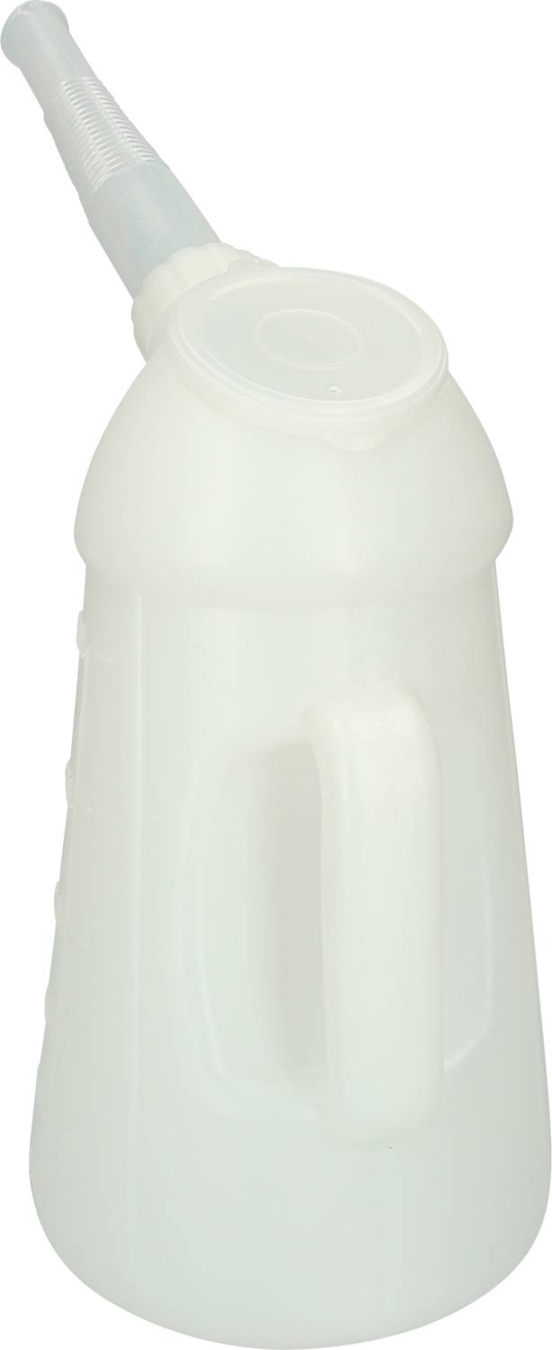 A white plastic funnel with a handle and flexible spout, used for safely pouring liquids without spilling.