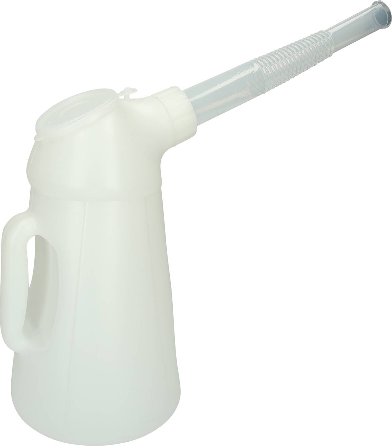 White container with a long curved spout, transparent lid, and side handle, suitable for precise pouring of liquids.