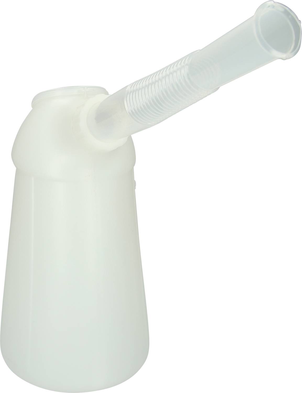 A white plastic urine bottle container with a curved spout, used to support mobile patient care.