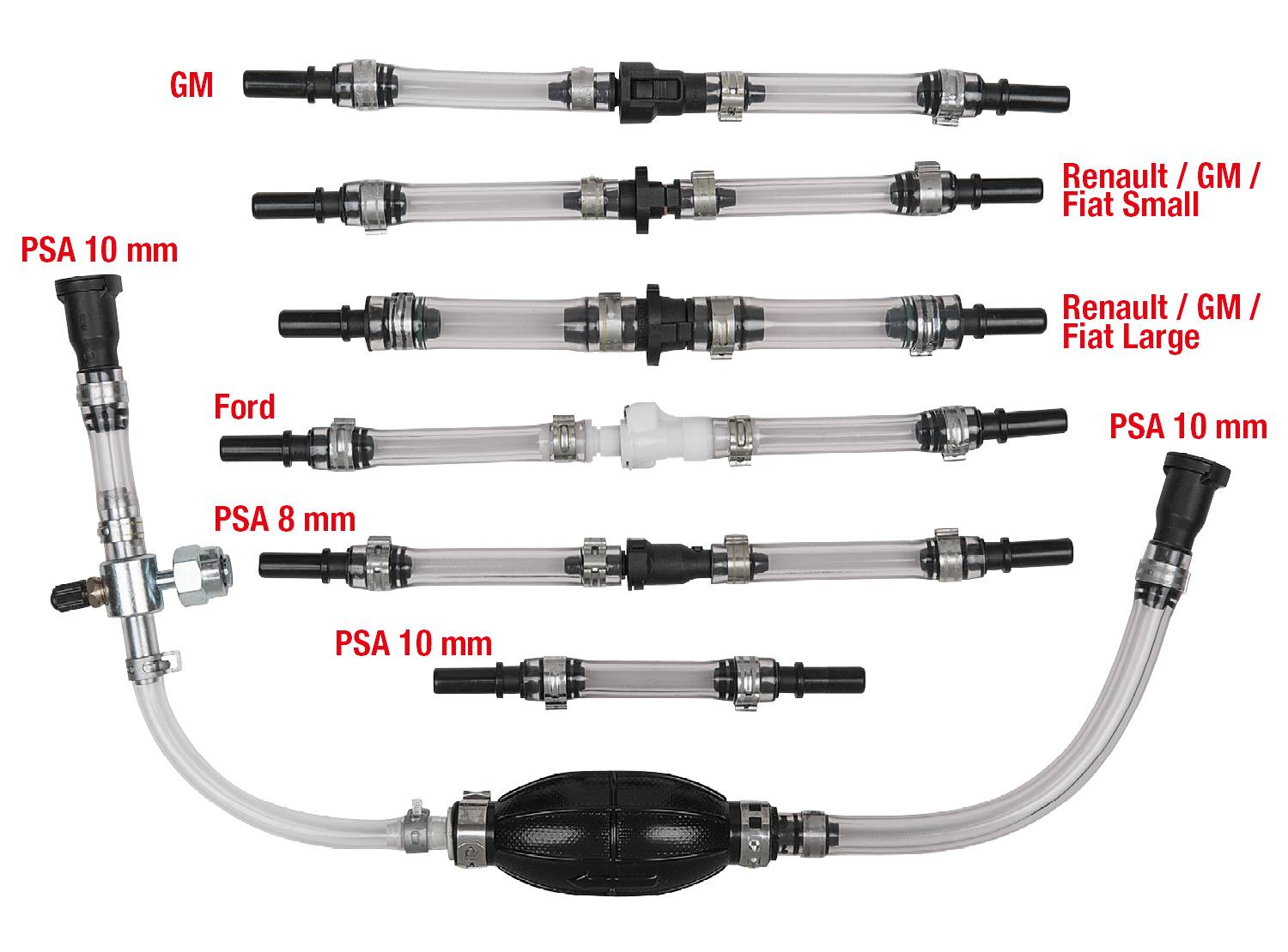 Several fuel lines from different car manufacturers such as GM, Renault, Fiat and Ford with varying diameters and couplings are shown.