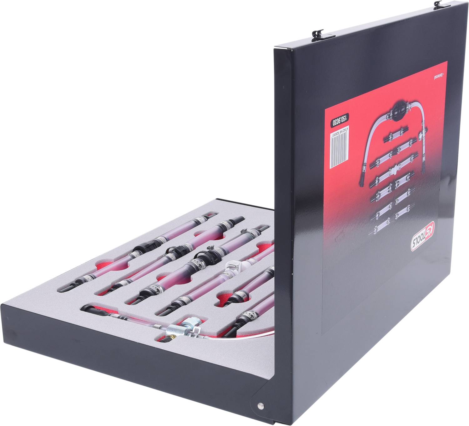 An opened toolbox with several red and black hand tools, neatly arranged in foam-lined compartments.