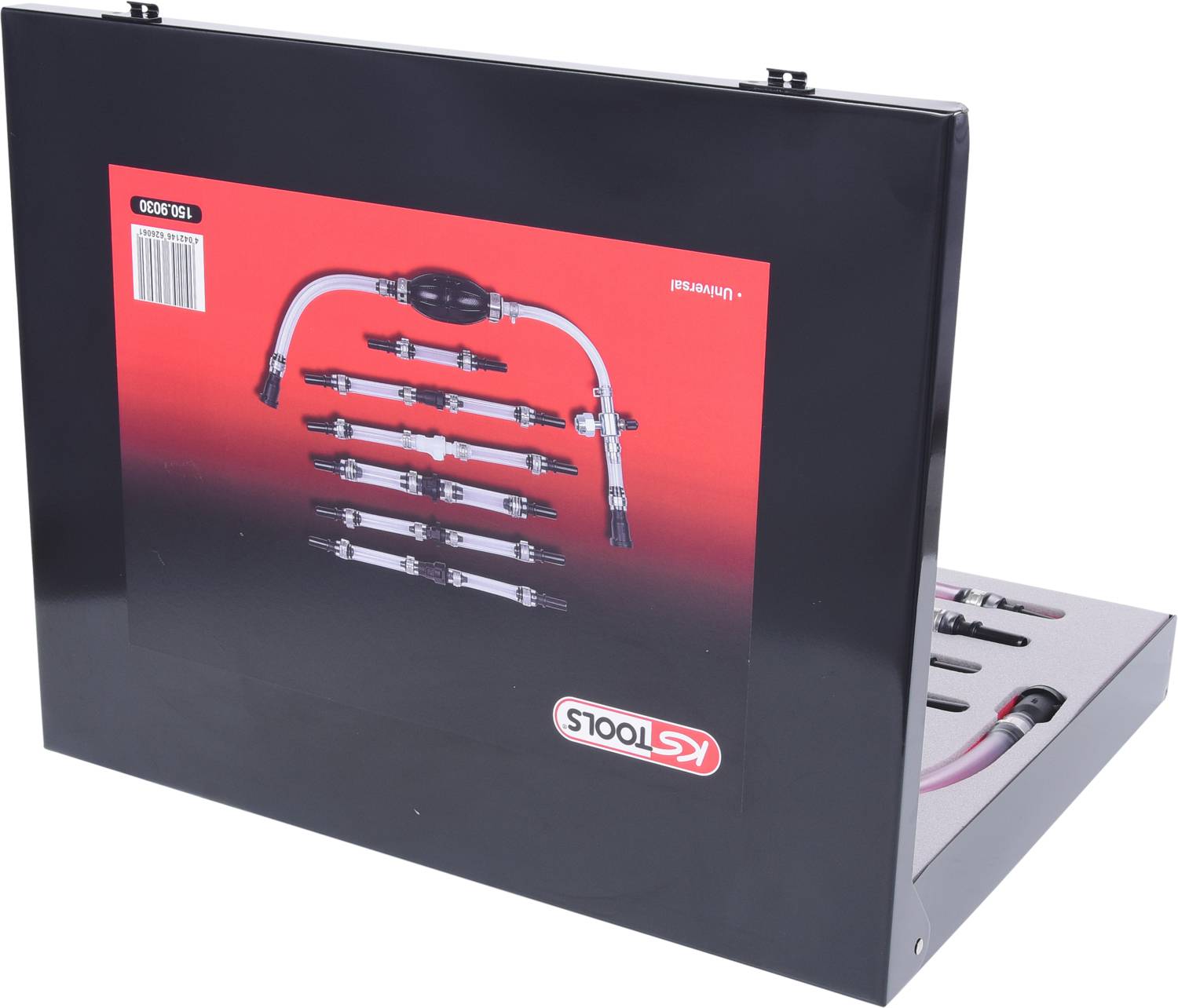 A black case with a display shows a selection of flexible hoses and accessories. The KS TOOLS logo is visible.