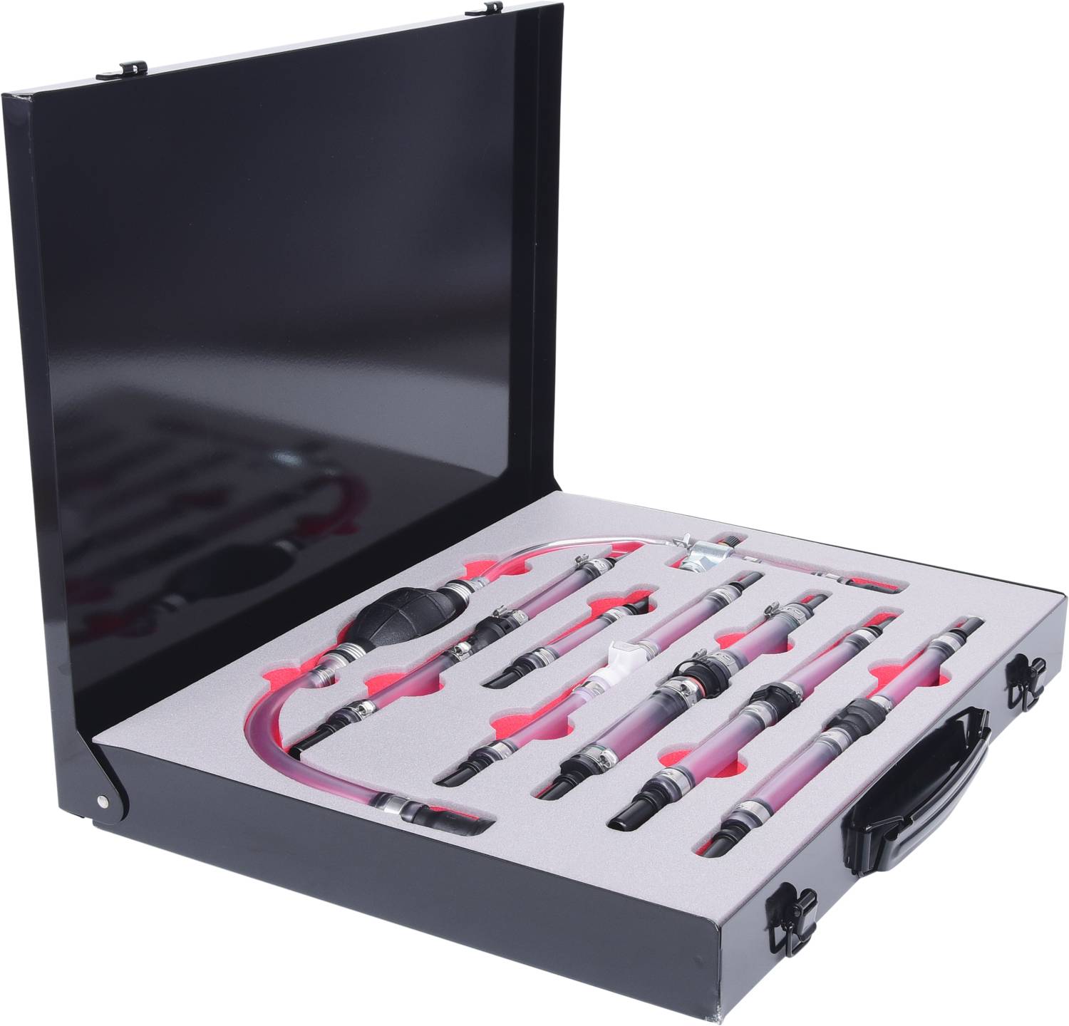 An open black tool case contains several fuel injectors and accessory parts, neatly arranged in a foam insert.