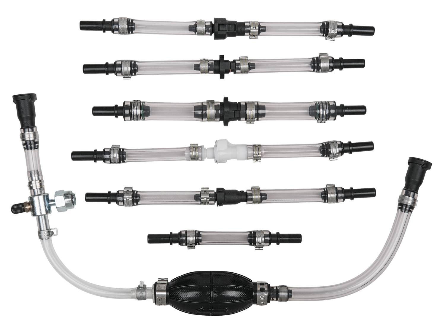 Five flexible hoses in various lengths and connections, suitable for pump systems or liquid transfer.