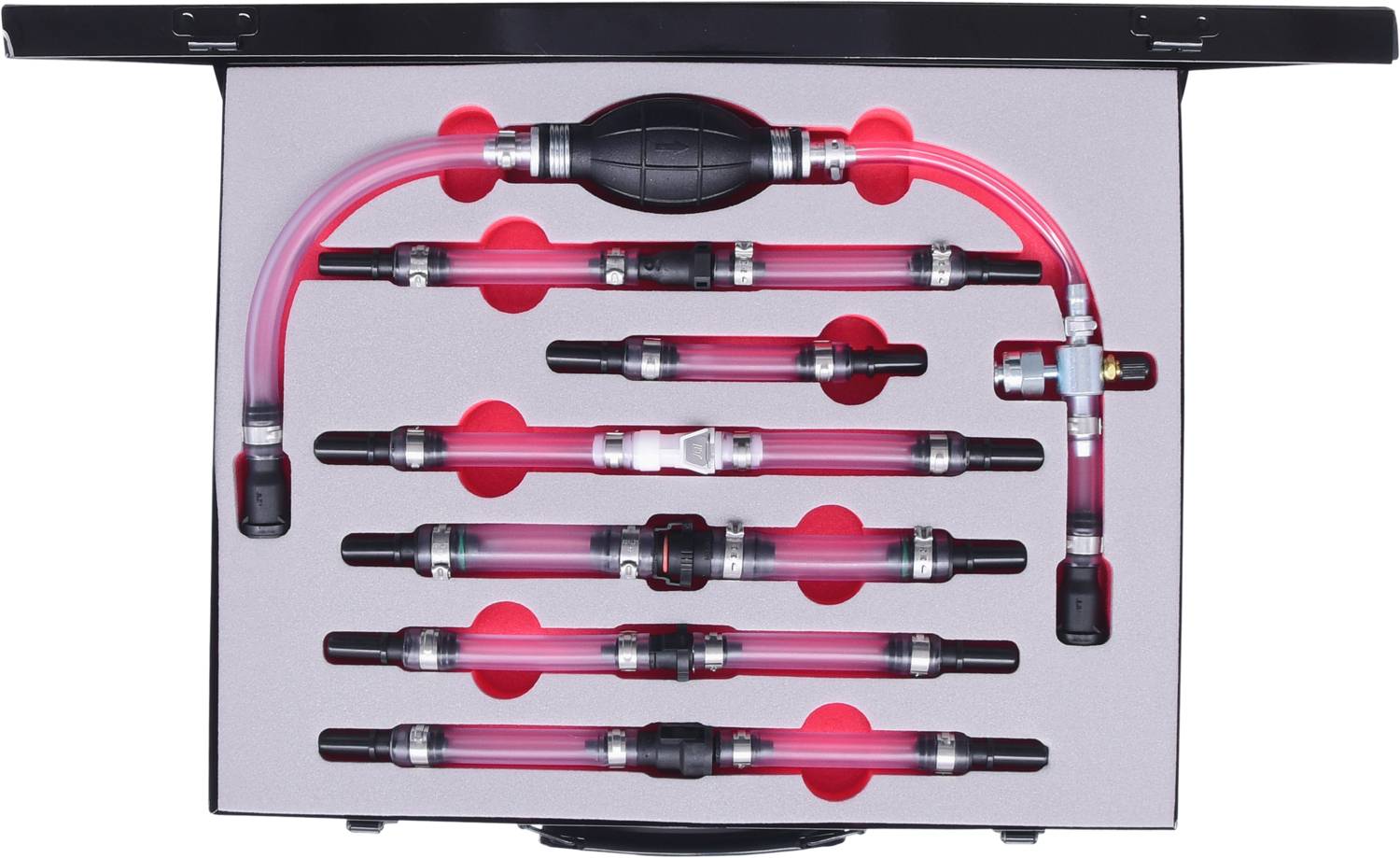 A set of transparent and red-illuminated tubes and connectors in a case. Suitable for vehicle maintenance.