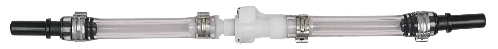 A transparent plastic tube with metal closures at both ends shows a white connecting point positioned in the centre.