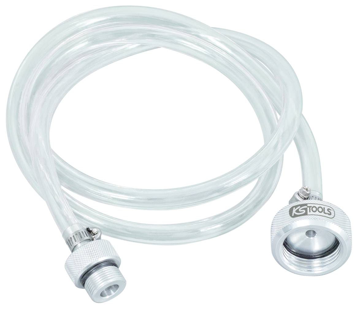 Transparent plastic tube with metal fitting, 'KS Tools' brand name visible. Used for transporting liquids or gases.