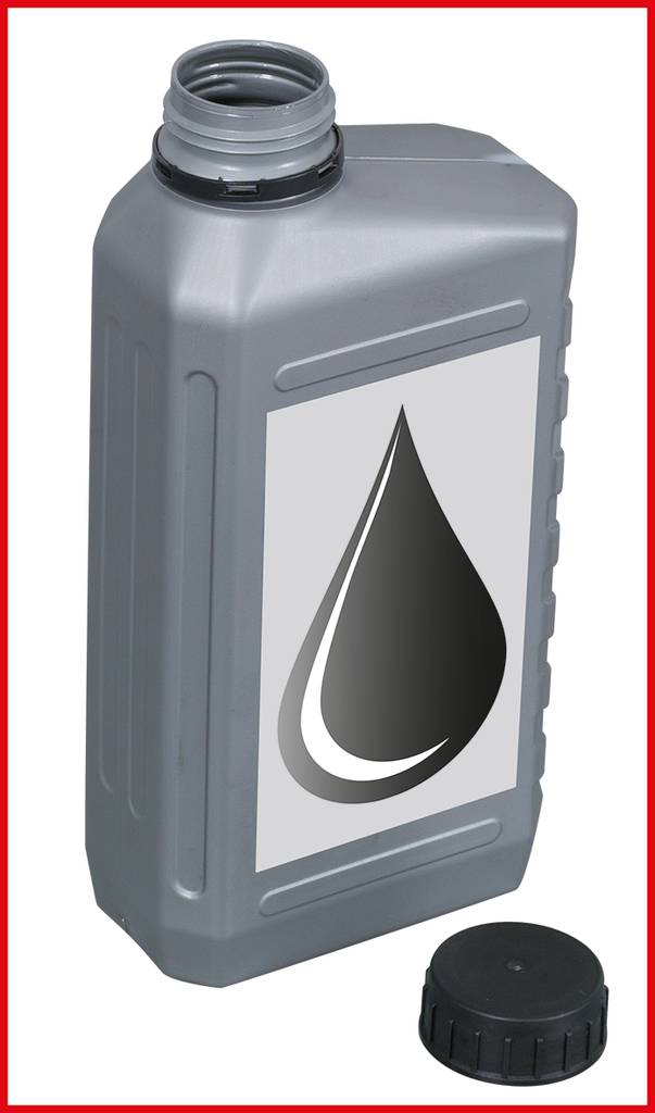 Open grey plastic bottle with a droplet symbol on the label, bright red frame around the image, black cap beside it.