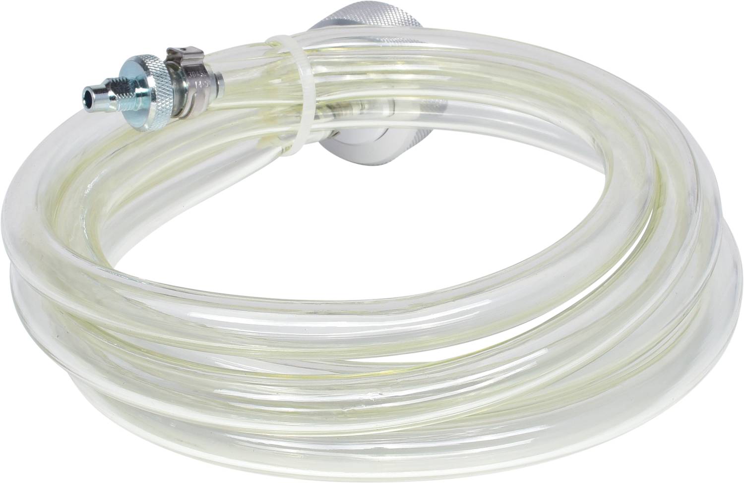 A coiled transparent hose pipe with a metal connector at one end, designed for transporting liquids.