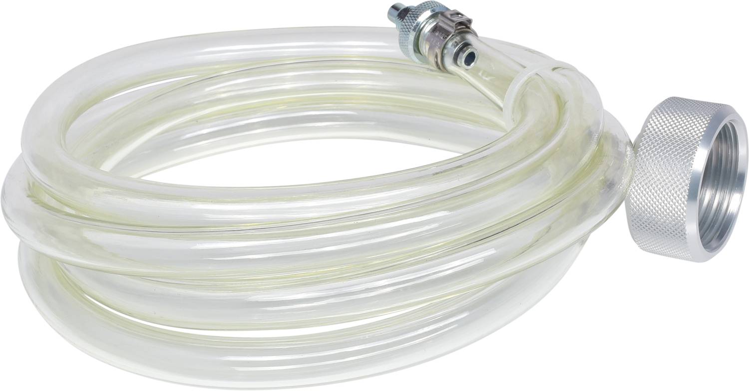 Transparent tube with metal connector and thread at one end, lying coiled. Suitable for liquid transport.