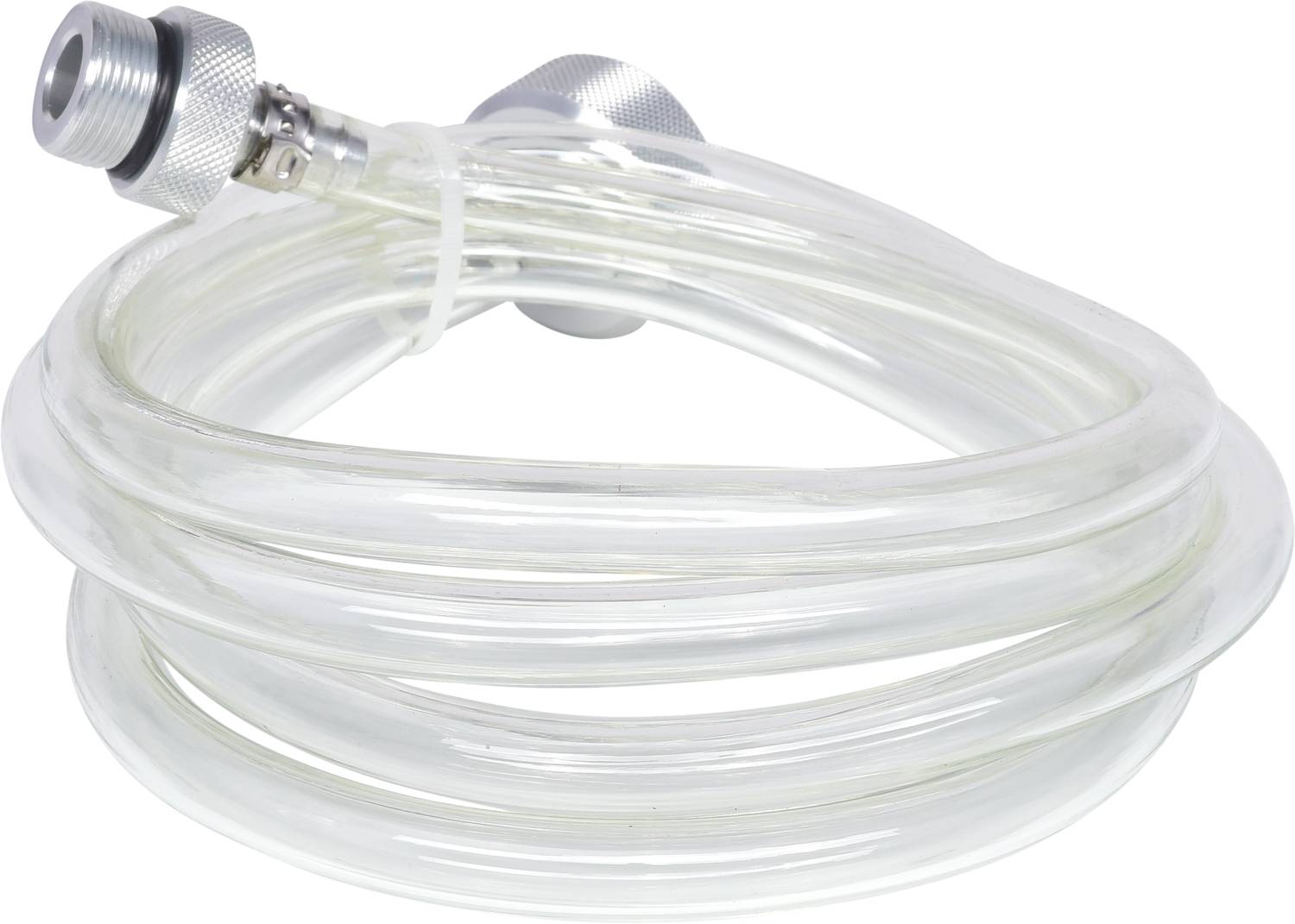 A coiled, transparent hose with metal connectors, ready for use. Ideal for garden irrigation or similar applications.