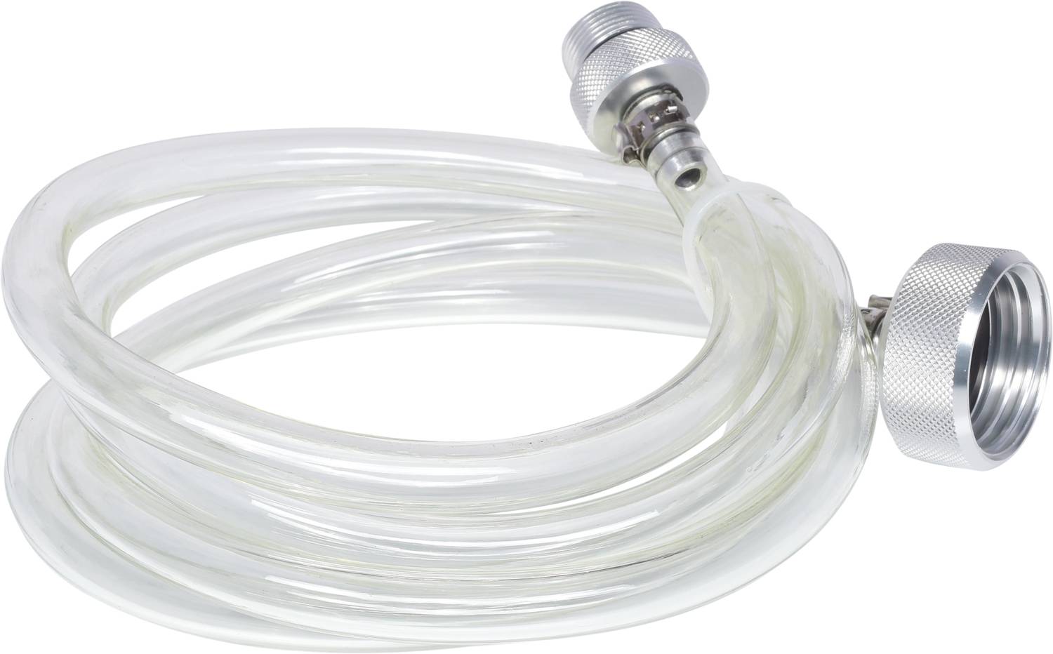 A transparent plastic tube with metal fittings on both ends, possibly for liquid or gas connections.