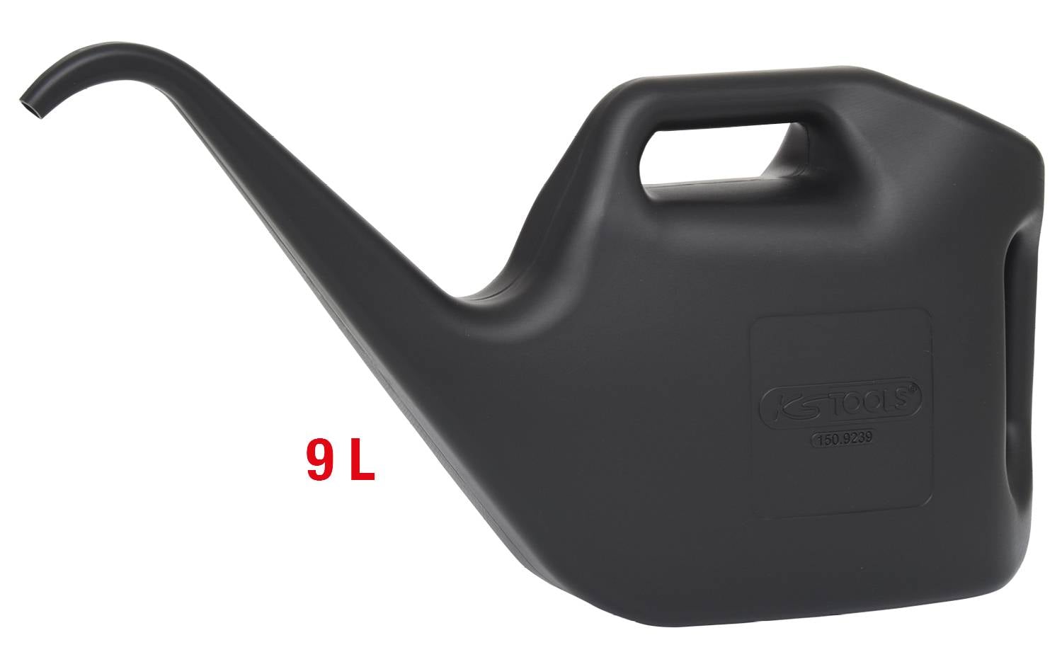 Black plastic watering can with long spout, 9-litre capacity, handle at the top for easy carrying.
