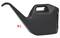 Black plastic watering can with long spout, 9-litre capacity, handle at the top for easy carrying.