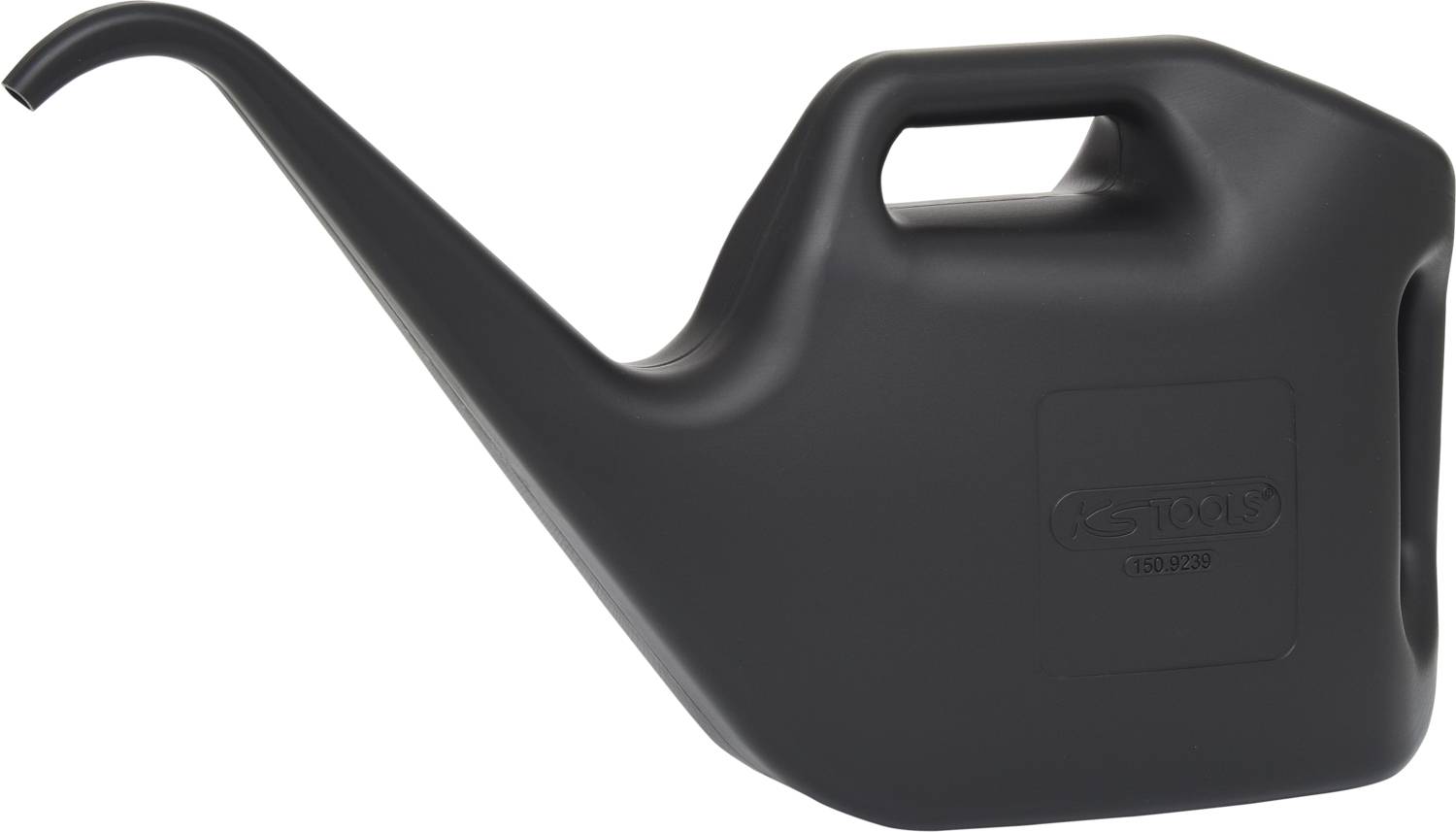 A black plastic watering can with a long spout and large handle, suitable for watering plants.