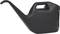 A black plastic watering can with a long spout and large handle, suitable for watering plants.