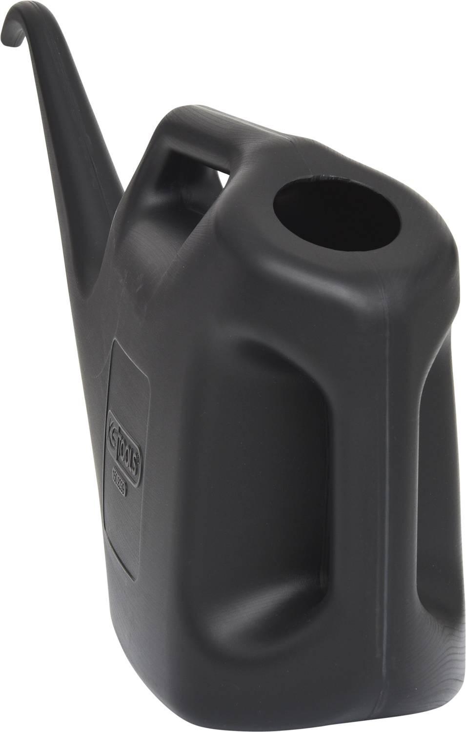 Black plastic watering can with long spout and ergonomic handle. Suitable for precise watering of plants.