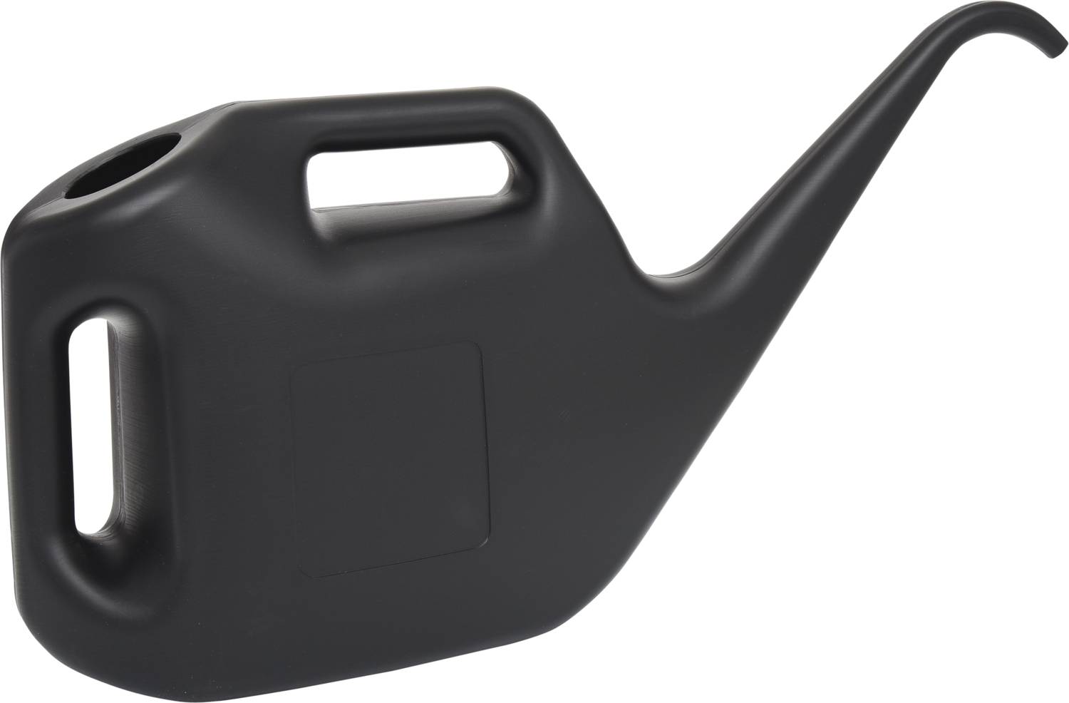 A black watering can with a long, curved spout and rectangular handle, suitable for precise watering of plants.