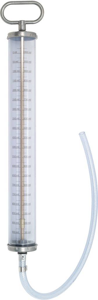 A transparent cylinder with measurement scale and flexible tube, likely a medical or technical device for liquid measurement.