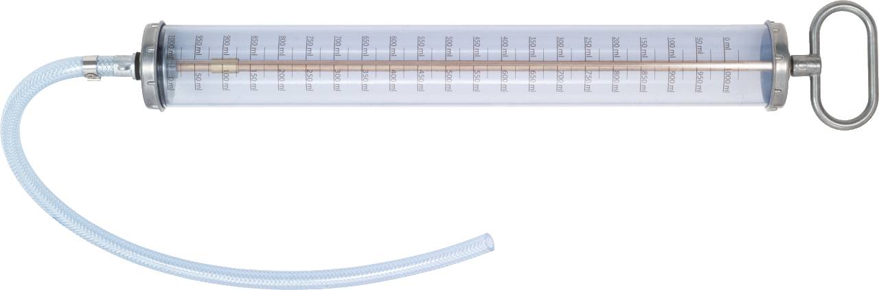 Large metal syringe with a long, transparent cylinder and tube on the left side, handle on the right. Measurements in millilitres.