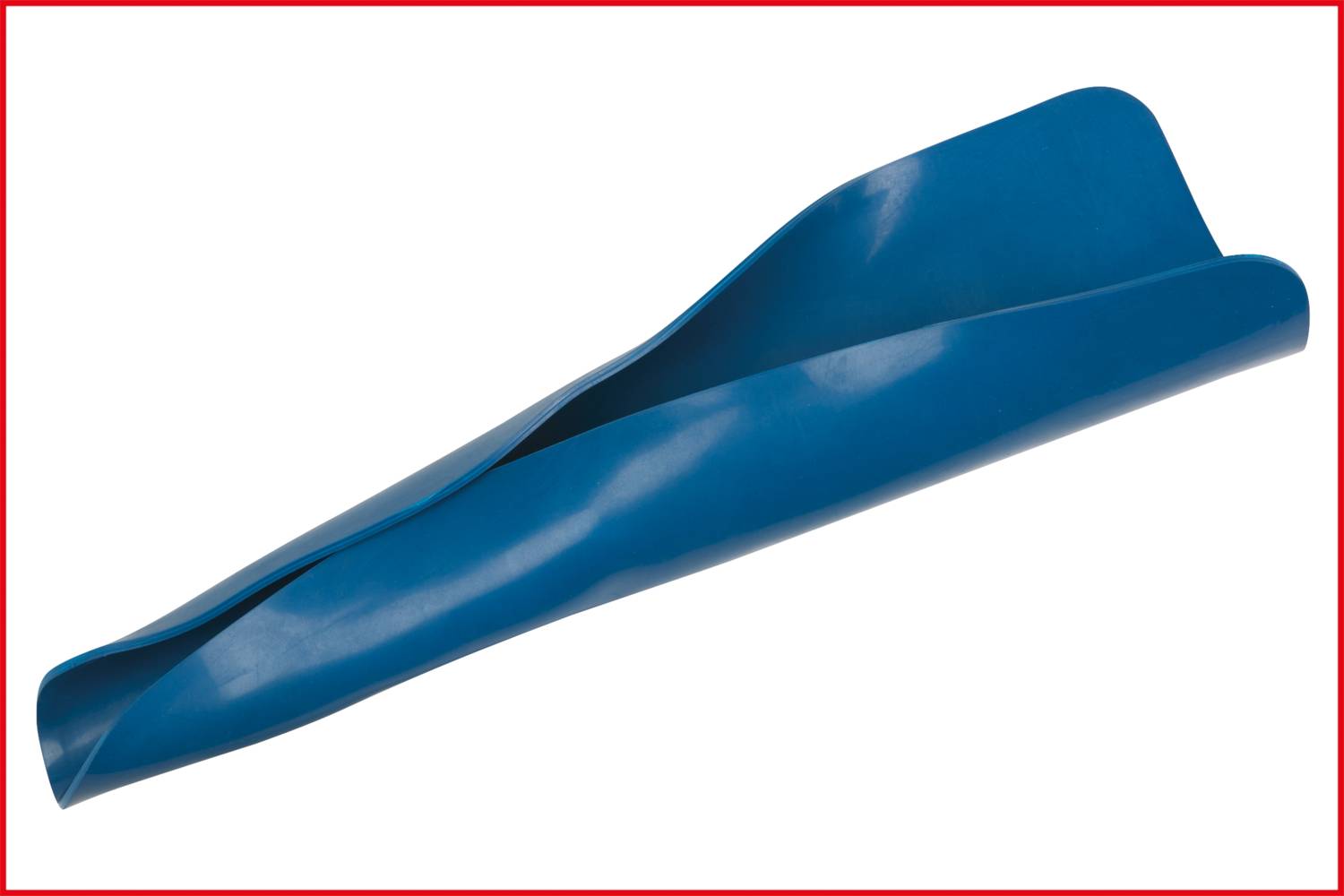 A piece of blue plastic film lies twisted on a white background.