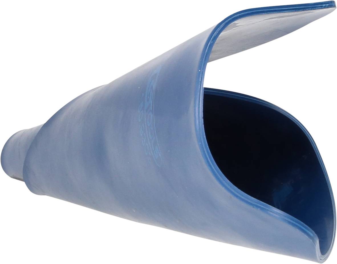 Blue swimming fin, triangular in shape, made of rubber, to assist with swim training.
