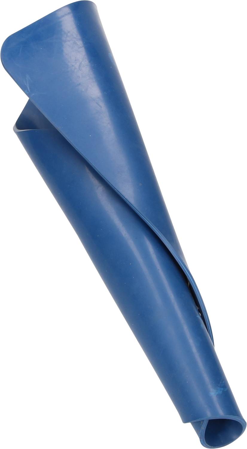 A blue silicone funnel, rolled up, for space-saving storage.