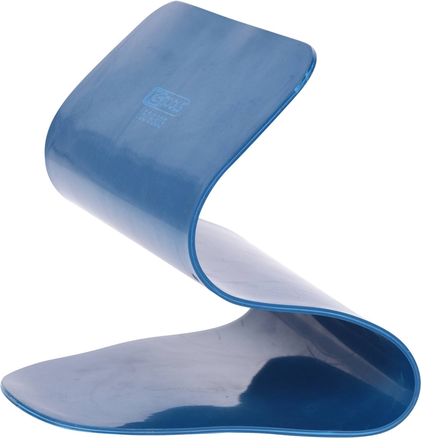 A blue, curved chair with a minimalist design that could serve as a decorative piece of furniture in a modern room.