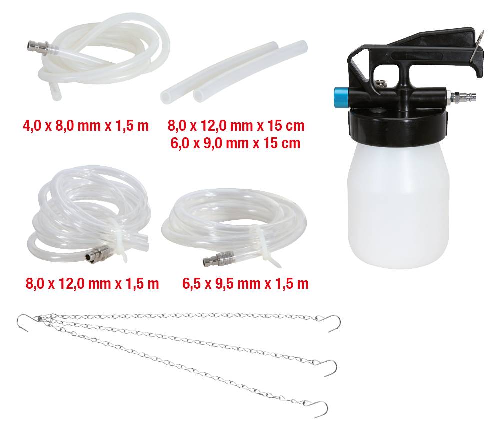 A compressed air liquid container with accessories: transparent hoses in various sizes and three chains with hooks.