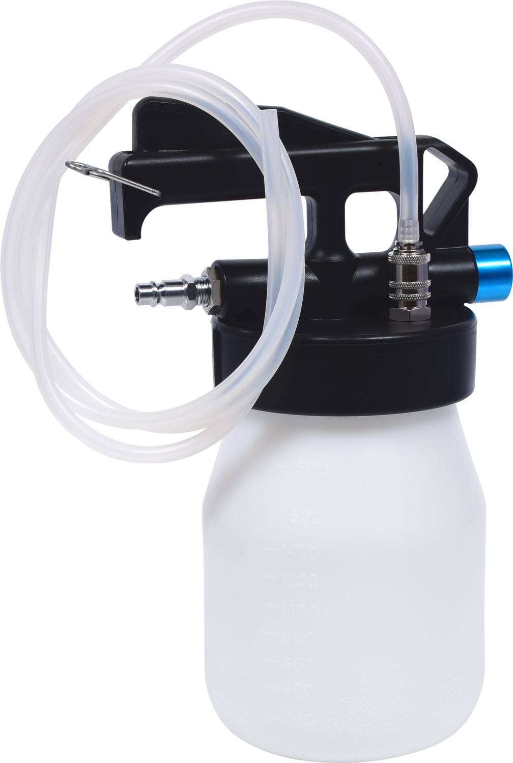 A white liquid spray bottle with a black handle and a transparent nozzle attachment.