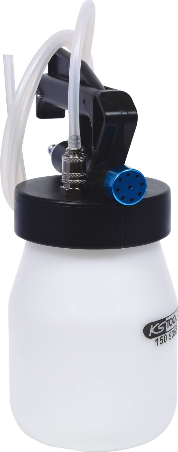 Plastic bottle with black spray nozzle and transparent hose connector, suitable for technical applications.