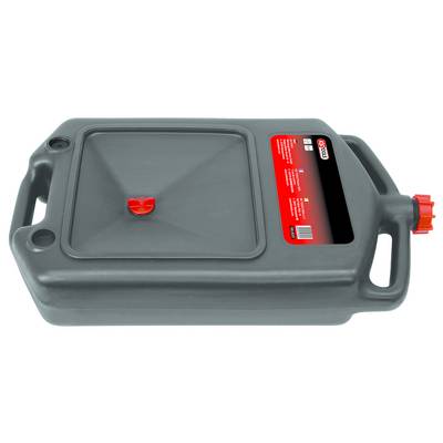 Grey oil collection container with a red screw cap and carry handles. Red label with brand and safety information.
