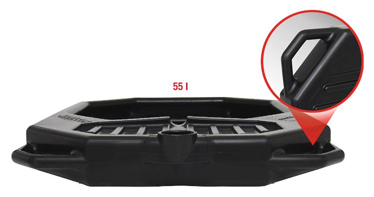 Black rectangular container with red zoom on the handle, capacity: 55 litres.