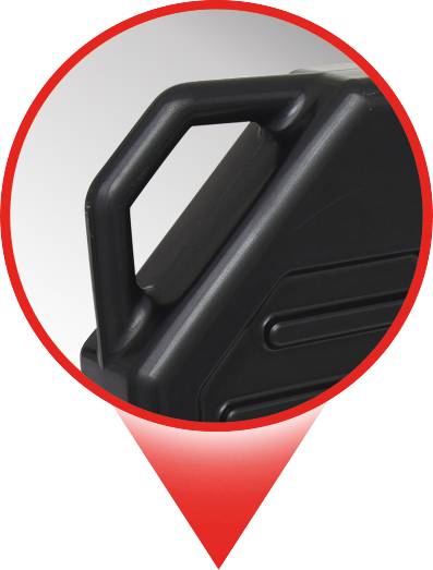 A black carrying handle of a plastic suitcase is shown magnified in a red magnifying glass.