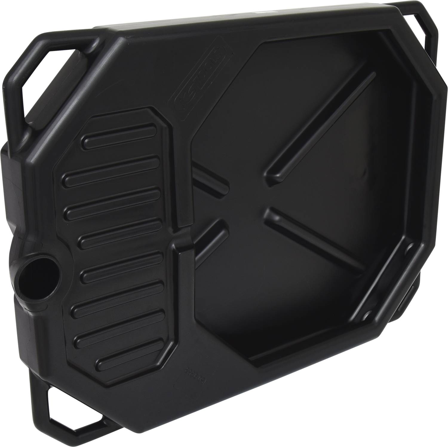Black plastic collection tray with handles on the corners, used for collecting liquids such as oil during maintenance.