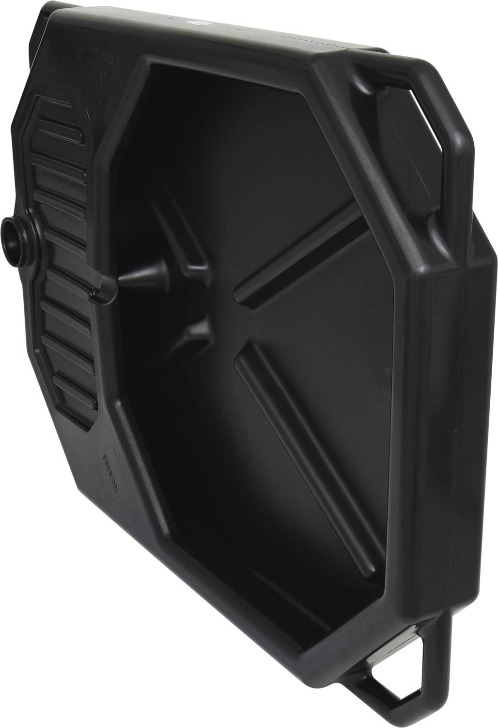 Black plastic tray with handle and spout, possibly an oil collection container.