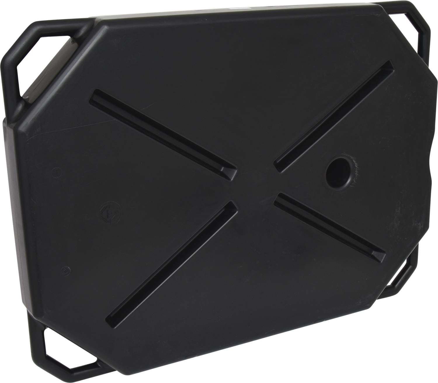 A black, rectangular plastic container with two handles on the short sides and an X-shaped indentation on the top surface.