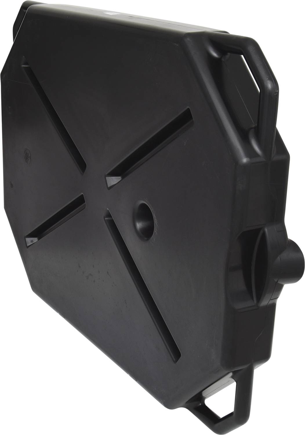A black, hexagonal oil collection container with handles and a spout on the side.