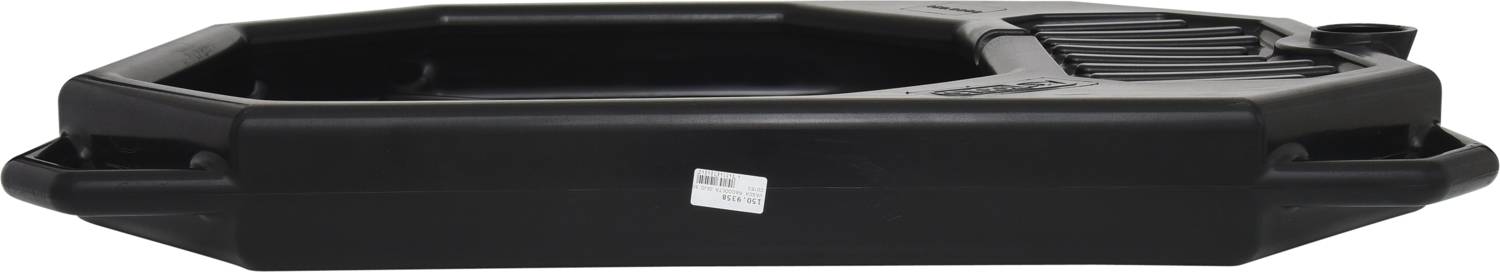 Black, rectangular plastic collection tray with a spout and side handles, stackable, suitable for liquids.