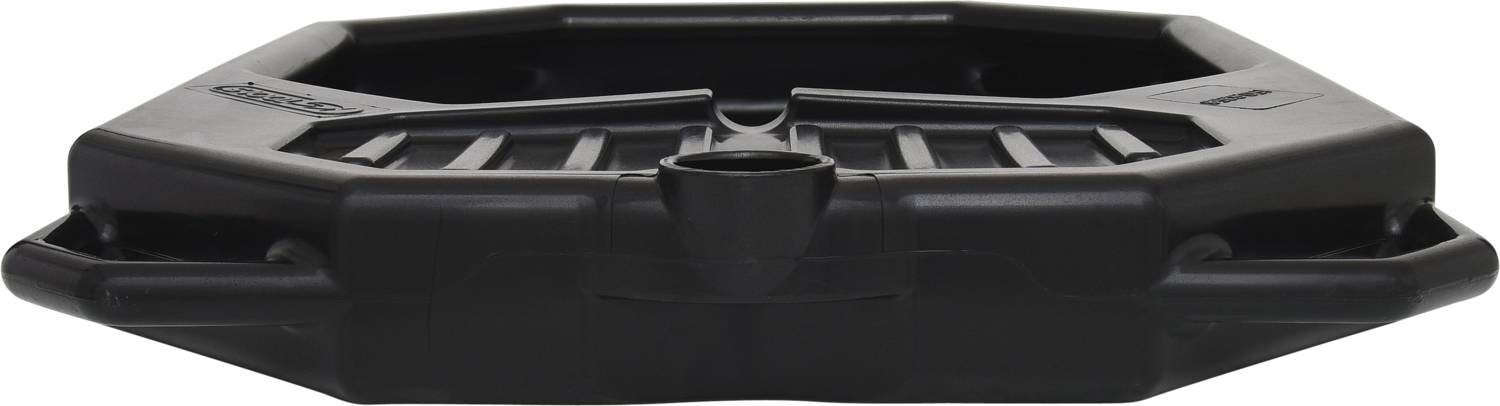 'Black, octagonal drip tray with integrated drainage spout, used for collecting liquids.'