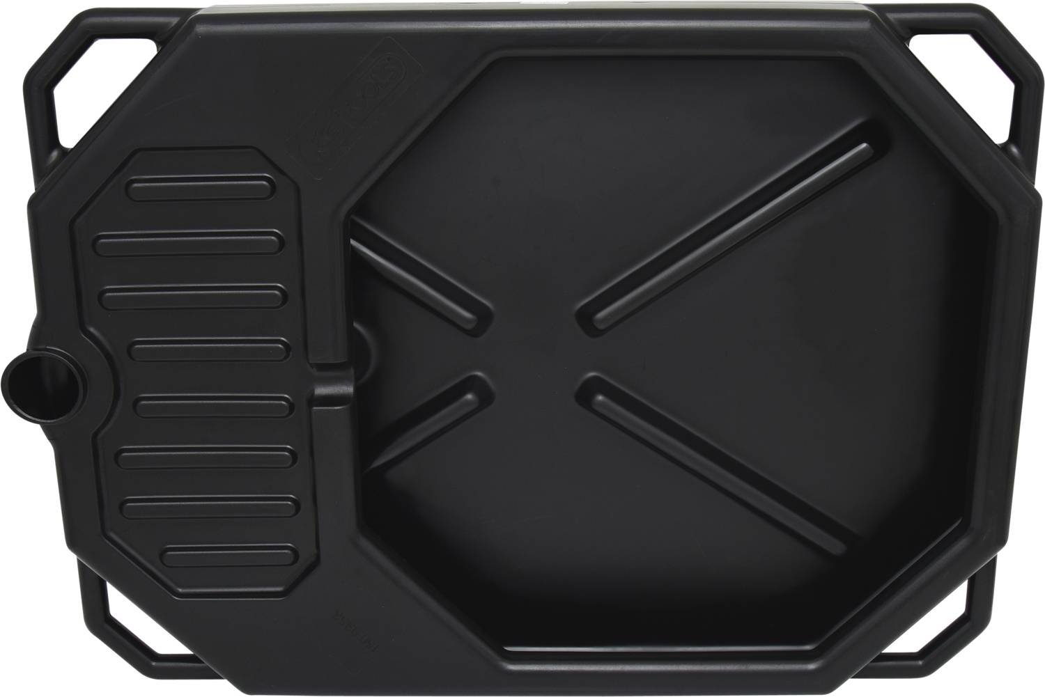 Black plastic tray with handles and grooves, likely for liquid collection or storage.