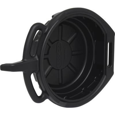 Black plastic oil drip tray with a spout, two handles and a flat bottom, suitable for collecting liquids.