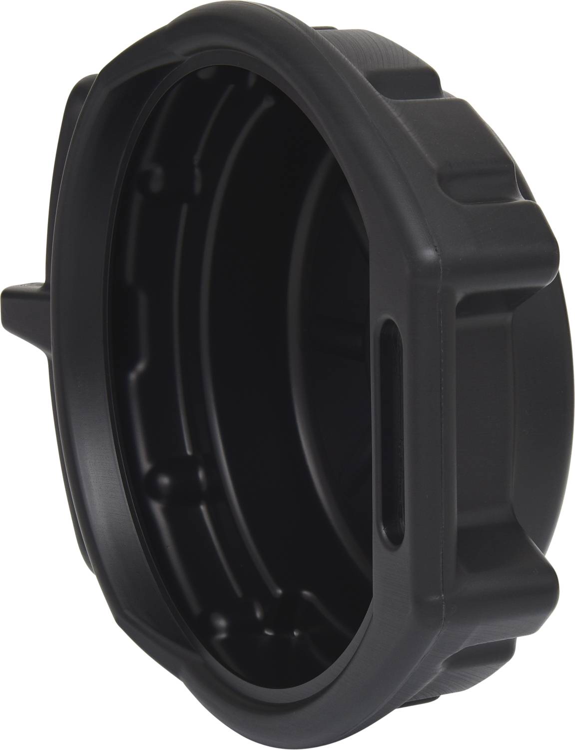 Black, round plastic lid with vertical grip grooves, side opening, and ribbed edge. Suitable for container sealing.