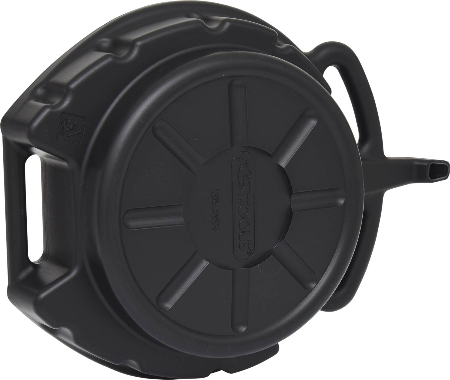 Black, round oil collection container with handles and filling opening, used for clean disposal of waste oil in workshops.