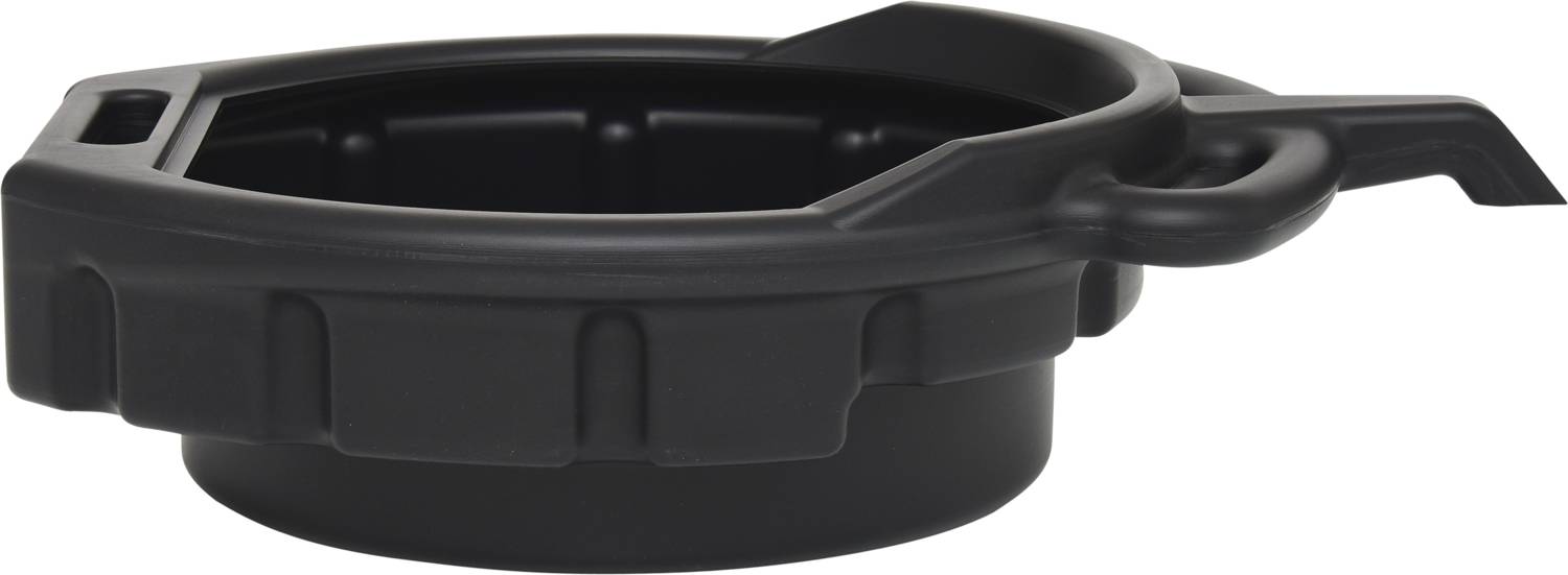 Black, round plastic drip tray with spout and handle, suitable for changing liquids such as oil.